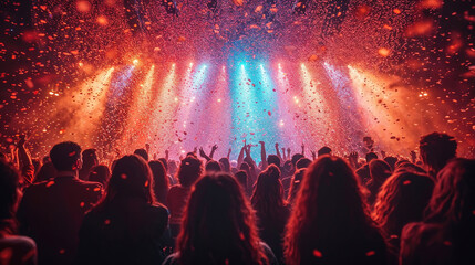 Fototapeta na wymiar Concert crowd enjoying a spectacular confetti explosion Generative AI image