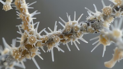 A closeup view of a single fungal hyphae revealing its spiky texture and the branching patterns it has formed. - obrazy, fototapety, plakaty