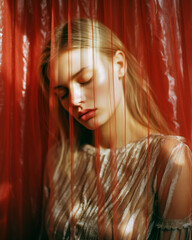 Contemplative Woman Behind Red Curtains Generative AI image