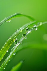 Fototapeta premium The grain rain, the green grass and dew in the fields, the dim background of spring