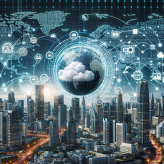 cloud computing and digital data transfer with computing networked across cities country and globe with virtualization approach created with generative ai	