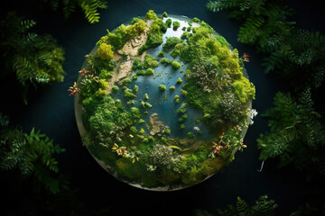 Lush greenery and water on a model globe amidst darkness Generative AI image - Powered by Adobe