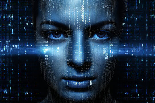 Generative AI illustration of close up of a female face with digital code overlay, representing advanced artificial intelligence integration