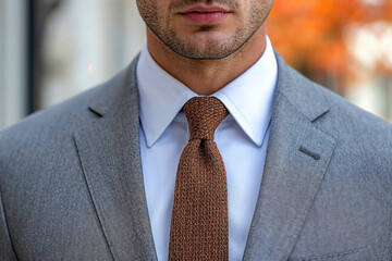 Generative AI illustration of close up of anonymous man in a smart grey suit and textured tie with a crisp blue shirt, exemplifying professional attire