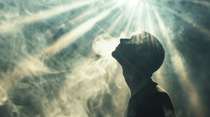 A man surrounded by mist and smoke praying. v3