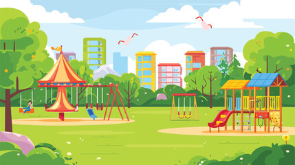 Playground in morning summer city park. Vector cartoon