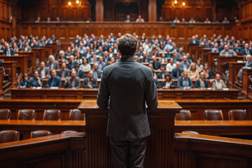 Public Speaker Addressing Audience in Assembly Hall Generative AI image