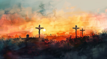 Crosses for Crucifixion on the hill at Golgotha. Digital art. v3 - obrazy, fototapety, plakaty