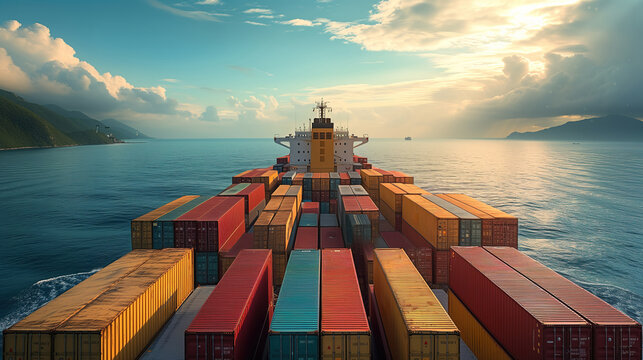 Sunset voyage of a fully loaded cargo ship Generative AI image - Powered by Adobe