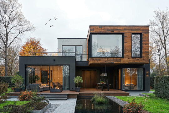 Modern luxury house with garden at dusk. Generative AI image