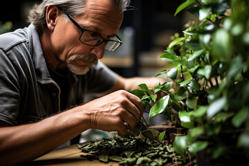 Senior man carefully pruning bonsai tree indoors Generative AI image