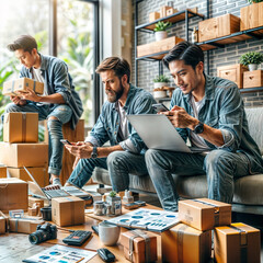 Entrepreneurs Small Business SME Independent men work at home Use smartphones & laptops for commercial checking, online marketing, packing boxes, SME sellers, concept, e-commerce team, generative ai	
 - obrazy, fototapety, plakaty