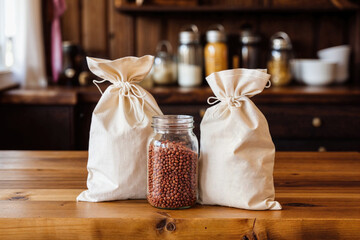 Reusable Fabric Bags and Beans in Mason Jar on Wooden Table Generative AI image
