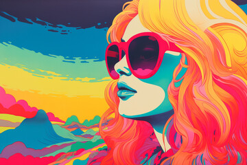 Generative AI illustration of vibrant neopop art illustration of a woman with flowing hair wearing...