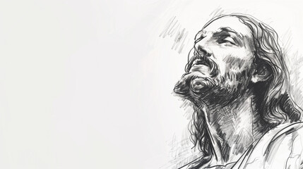 Jesus Christ. in prayer. Digital Drawing, charcoal on white background.
