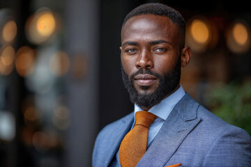 Generative AI illustration of distinguished black man with a beard in a tailored suit and tie confidently stands in an urban setting