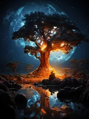 Foto op Canvas Generative AI illustration of majestic baobab tree aglow with inner light, set against a backdrop of a large moon and starry sky, with its reflection shimmering in a tranquil water body © ADDICTIVE STOCK CORE