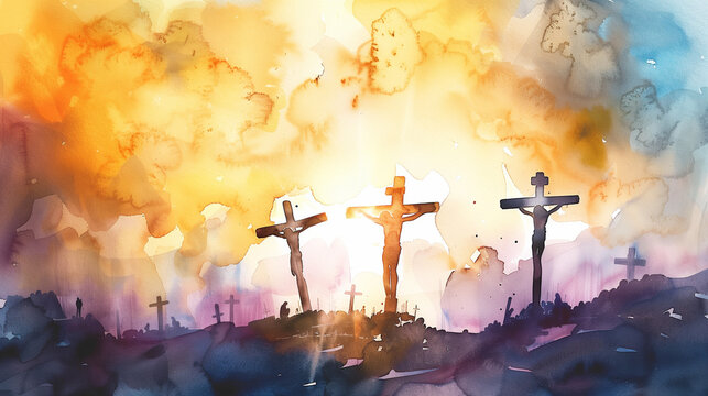 The Crucifixion of Jesus and the thieves. Good Friday. Digital Watercolor 