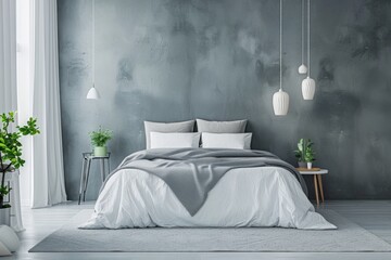 A cozy bedroom with a wooden bed against a gray wall - obrazy, fototapety, plakaty