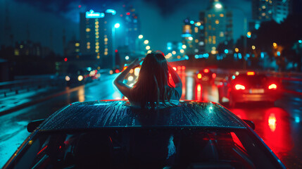 Woman on car sun roof in the city at night