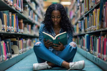 Generative AI illustration of focused black woman sits on the carpeted floor of a library, intently reading a green book between the stacks