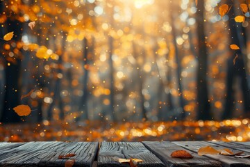 Wooden table with autumn leaves in forest - obrazy, fototapety, plakaty