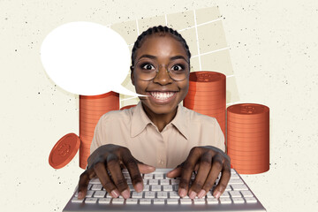 Composite photo collage of happy smile american type keyboard earn money coin speak bubble success...