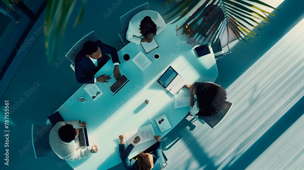 Leinwandbilder top view of group of multiethnic busy people working in an office aerial view with businessman and b