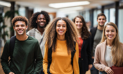 Fototapeta premium Diverse group of smiling students in a corridor Generative AI image