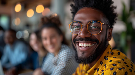 Black hipster man laughing looking at the camera