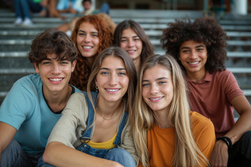 Multicultural group of friends smiling together on steps Generative AI image