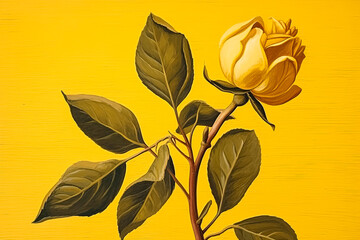 A yellow rose with green leaves is the main focus of the image