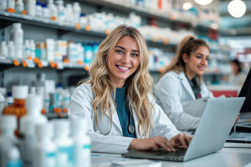 Female pharmacist working with laptop in pharmacy Generative AI image