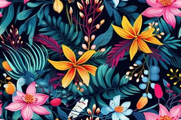 Seamless pattern, abstract art. Watercolor painting, children's wallpaper. Hand drawn plants. Palms, rainforest, leaves, flowers. modern Art. Prints, wallpapers, posters, cards, murals