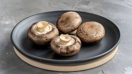 Raw Portobello mushrooms on black ceramic plate and wood cut board on concrete baclground Bannner with copy space : Generative AI