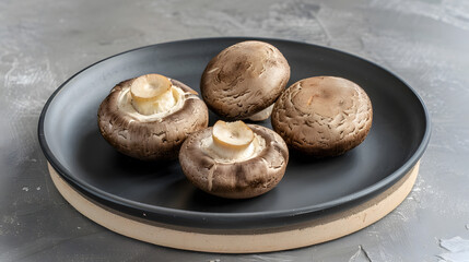 Fototapeta premium Raw Portobello mushrooms on black ceramic plate and wood cut board on concrete baclground Bannner with copy space : Generative AI