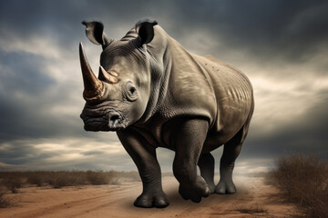 Fototapeta premium AI Generated Image of solitary rhinoceros stands prominently on a dusty trail with a dramatic cloudy sky overhead, showcasing its textured skin and powerful form