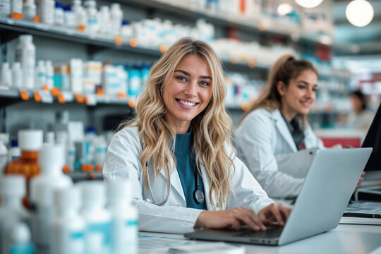 Female pharmacist working with laptop in pharmacy Generative AI image - Powered by Adobe