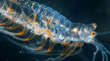 A closeup of a planktonic larvae its transparent body revealing its delicate internal structures as it floats a the swirling currents - obrazy, fototapety, plakaty