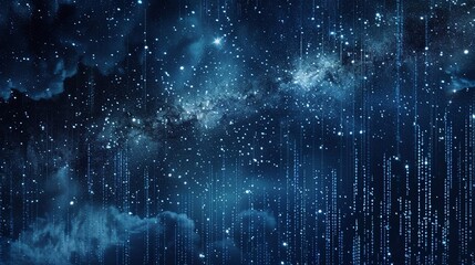 combination of nature and the world of technology. Night sky with stars falling like Matrix-style programming code falling