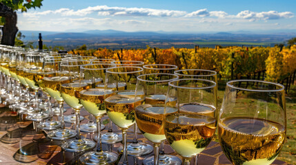 Glasses of wine prepared for professional tasting on summer restaurant terrace