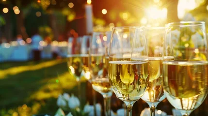 Fotobehang Glasses of wine prepared for professional tasting on summer restaurant terrace © Kondor83