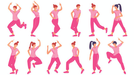 Pose of people exercising in pink clothes female flat