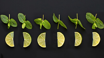 Limes and mint leaves on black surface shot from above