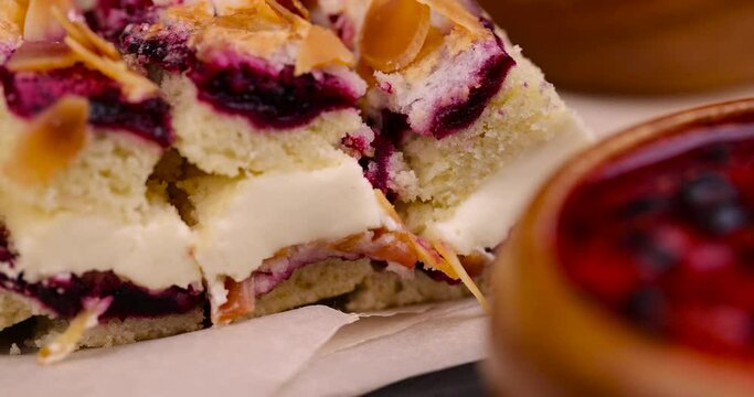 delicious dessert with cottage cheese cream with strawberries and almonds, homemade cakes with strawberries and cream cheese