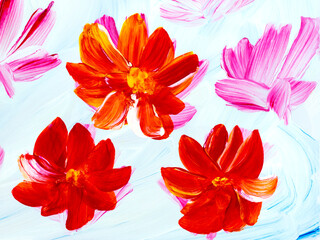 Abstract red and pink flowers, original hand drawn, impressionism style, color texture, brush strokes of paint, art background.