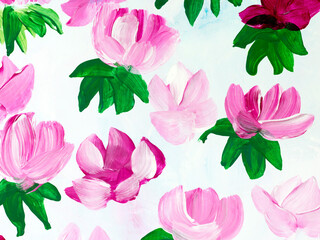 Abstract pink flowers, original hand drawn, impressionism style, color texture, brush strokes of paint, art background.