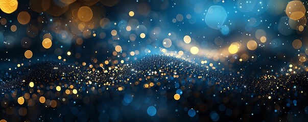 An abstract background with Dark blue and gold particle. Christmas Golden light shine particles bokeh on navy blue background. Gold foil texture. Holiday concept.  - obrazy, fototapety, plakaty