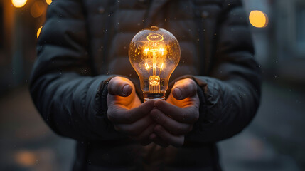 A man holding a bulb light, generative Ai