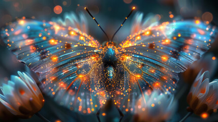 Beautiful unreal glowing butterfly close-up on magic flower - obrazy, fototapety, plakaty